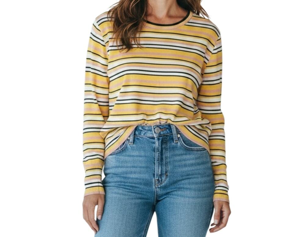 YMC London Striped Cotton Sweater Pink Mustard Navy Cropped Knit Top S